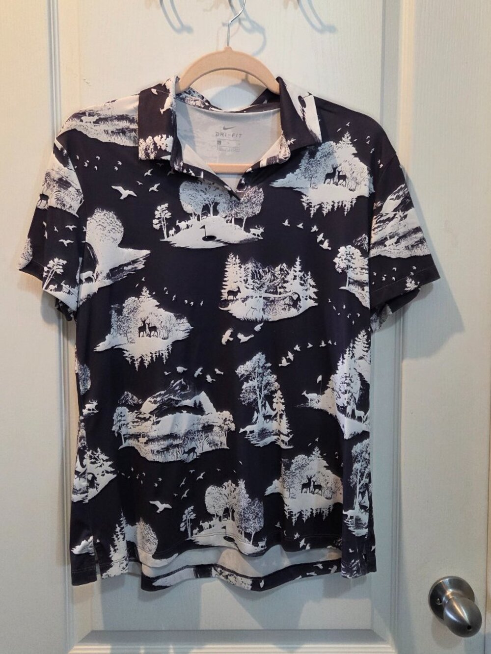 Nike Dri-FIT Navy & White Toile Mountain Wildlife Print Golf Polo Shirt Size L